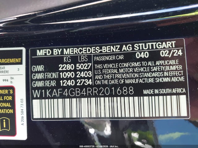 45553728 :رقم المزاد ، W1KAF4GB4RR201688 vin ، 2024 Mercedes-benz C 300 مزاد بيع