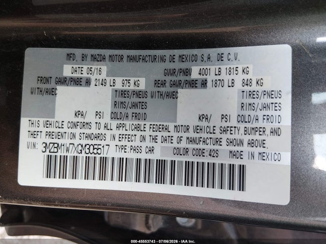 Aukcja sprzedaży 2016 Mazda Mazda3 I Touring, vin: 3MZBM1W7XGM305517, numer aukcji: 45553743