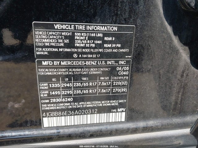Продажа на аукционе авто 2006 Mercedes-benz Ml 350 4matic, vin: 4JGBB86E36A020312, номер лота: 45553746