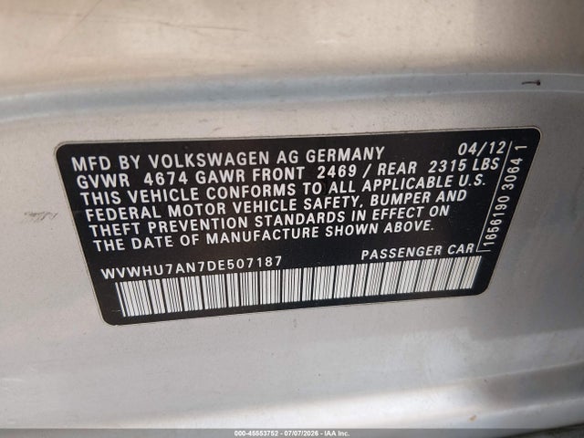 45553752 :رقم المزاد ، WVWHU7AN7DE507187 vin ، 2013 Volkswagen Cc 3.6l Vr6 Lux مزاد بيع