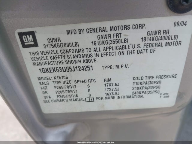 Продаж на аукціоні авто 2005 Gmc Yukon Denali, vin: 1GKEK63U85J124251, номер лоту: 45553754