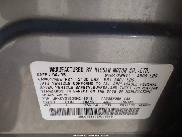 Продаж на аукціоні авто 2005 Infiniti G35, vin: JNKCV51E35M219619, номер лоту: 45553764