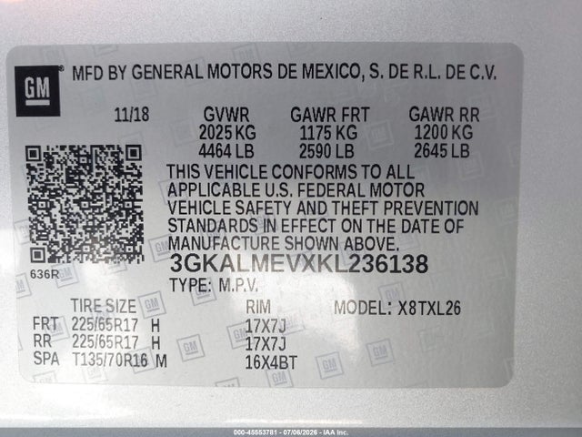 45553781 :رقم المزاد ، 3GKALMEVXKL236138 vin ، 2019 Gmc Terrain Sle مزاد بيع