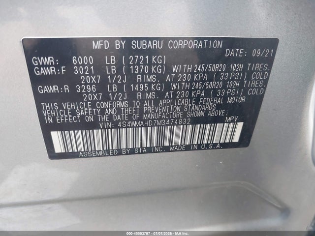 Продажа на аукционе авто 2021 Subaru Ascent Premium, vin: 4S4WMAHD7M3474832, номер лота: 45553787