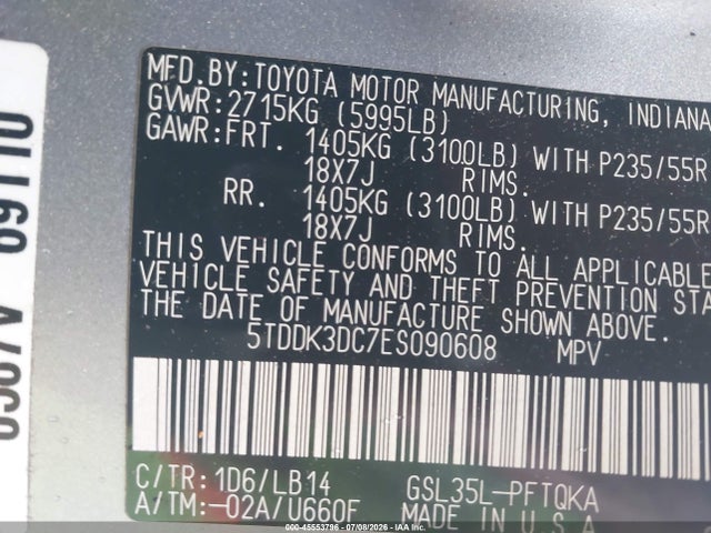 Aukcja sprzedaży 2014 Toyota Sienna Xle 7 Passenger, vin: 5TDDK3DC7ES090608, numer aukcji: 45553796