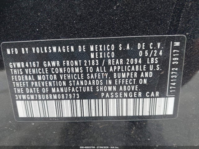 2024 Volkswagen Jetta 1.5t Sel მანქანა იყიდება აუქციონზე, vin: 3VWGM7BU8RM087973, აუქციონის ნომერი: 45553799