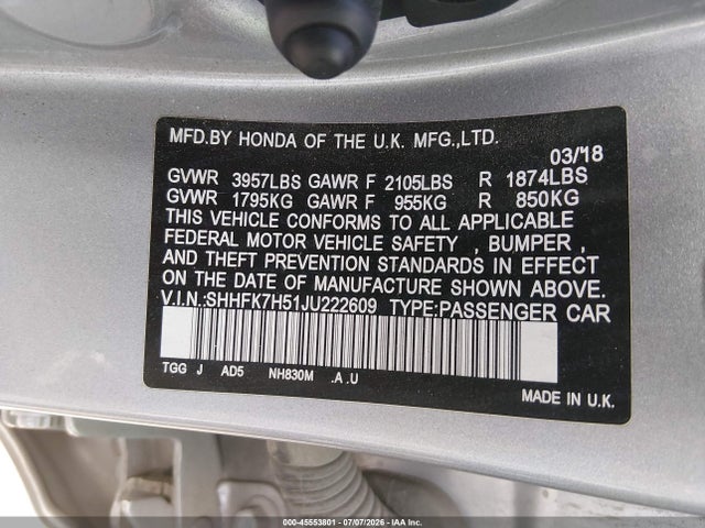 Honda CIVIC EX 2018 SHHFK7H51JU222609 Image 9