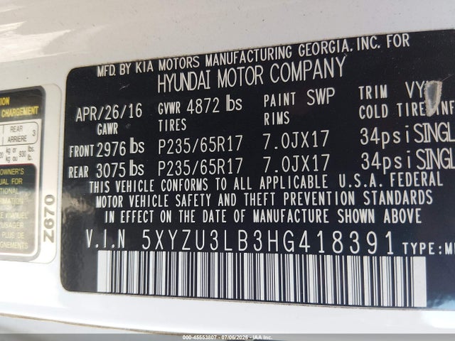 Aukcja sprzedaży 2017 Hyundai Santa Fe Sport 2.4l, vin: 5XYZU3LB3HG418391, numer aukcji: 45553807