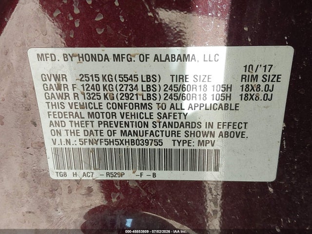 Honda Pilot Ex-l 2017 5FNYF5H5XHB039755 Image 9