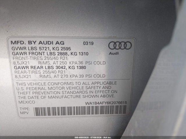 Aukcja sprzedaży 2019 Audi Sq5 3.0t Premium, vin: WA1B4AFY6K2076615, numer aukcji: 45553820