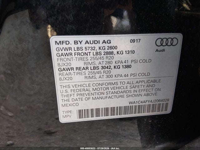 45553823 :رقم المزاد ، WA1C4AFY4J2064028 vin ، 2018 Audi Sq5 3.0t Premium Plus مزاد بيع
