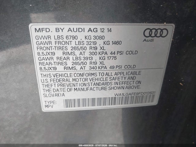Продаж на аукціоні авто 2015 Audi Q7 3.0t Premium, vin: WA1LGAFE9FD012631, номер лоту: 45553829
