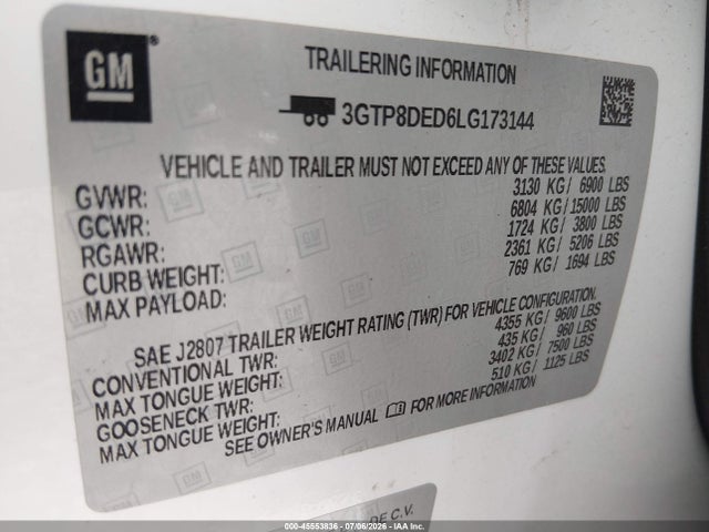 45553836 :رقم المزاد ، 3GTP8DED6LG173144 vin ، 2020 Gmc Sierra 1500 2wd  Short Box Slt مزاد بيع