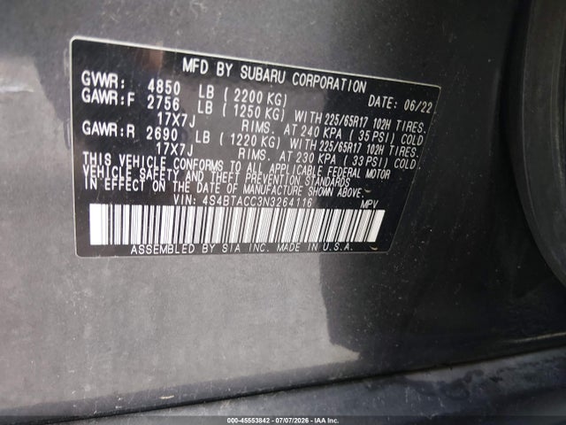 45553842 :رقم المزاد ، 4S4BTACC3N3264116 vin ، 2022 Subaru Outback Premium مزاد بيع