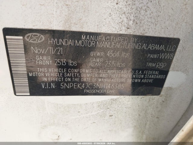 2022 Hyundai Sonata N Line Night Edition მანქანა იყიდება აუქციონზე, vin: 5NPEK4JC3NH146385, აუქციონის ნომერი: 45553853