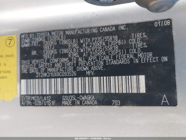 Продаж на аукціоні авто 2008 Lexus Rx 350, vin: 2T2HK31UX8C093526, номер лоту: 45553871