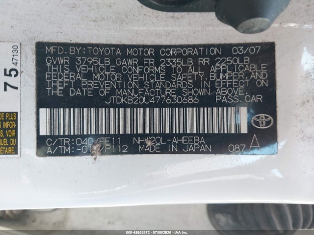Aukcja sprzedaży 2007 Toyota Prius, vin: JTDKB20U477630686, numer aukcji: 45553872