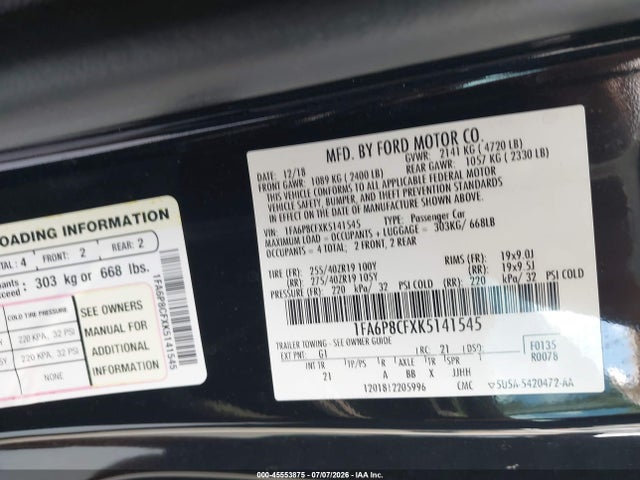 Aukcja sprzedaży 2019 Ford Mustang Gt, vin: 1FA6P8CFXK5141545, numer aukcji: 45553875