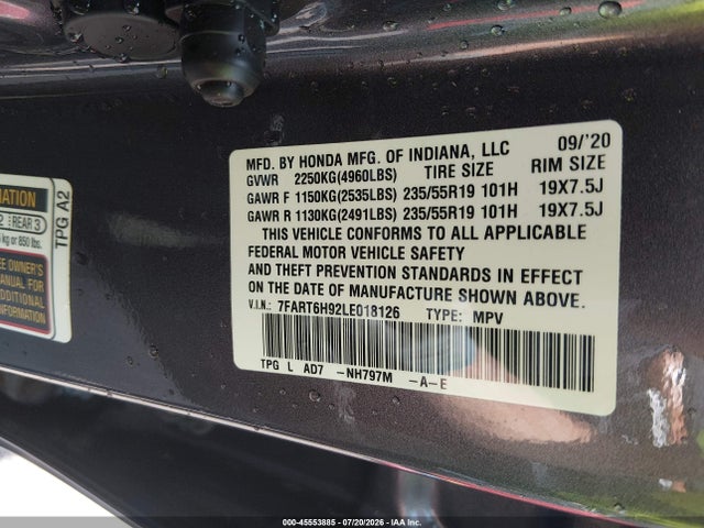 2020 Honda Cr-v Hybrid Touring მანქანა იყიდება აუქციონზე, vin: 7FART6H92LE018126, აუქციონის ნომერი: 45553885