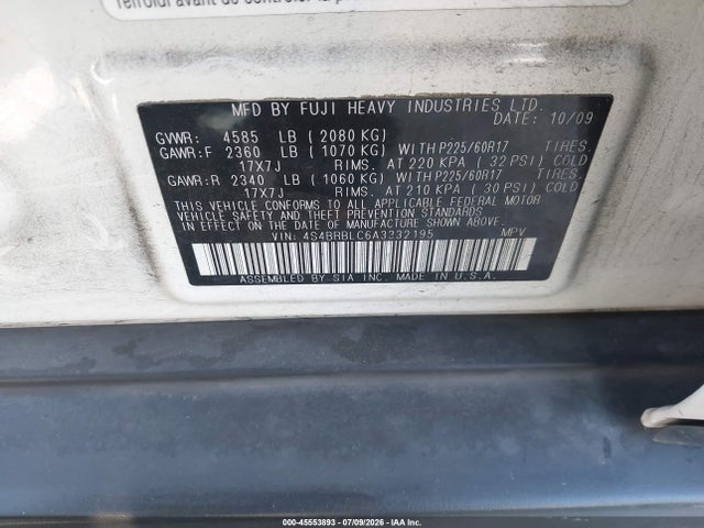 Продаж на аукціоні авто 2010 Subaru Outback 2.5i Limited, vin: 4S4BRBLC6A3332195, номер лоту: 45553893