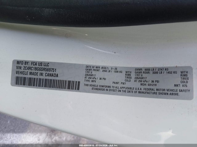 Aukcja sprzedaży 2025 Chrysler Pacifica Select, vin: 2C4RC1BG6SR569751, numer aukcji: 45553916
