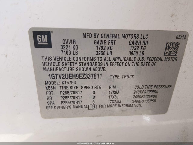 2014 Gmc Sierra 1500 Sle მანქანა იყიდება აუქციონზე, vin: 1GTV2UEH9EZ337811, აუქციონის ნომერი: 45553938