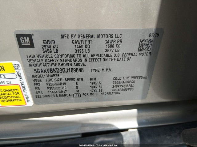45553961 :رقم المزاد ، 5GAKVBKD9GJ109648 vin ، 2016 Buick Enclave Leather مزاد بيع