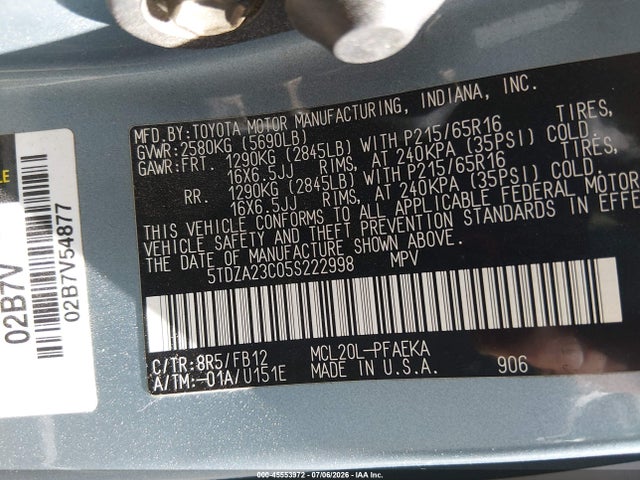 2005 Toyota Sienna Le მანქანა იყიდება აუქციონზე, vin: 5TDZA23C05S222998, აუქციონის ნომერი: 45553972