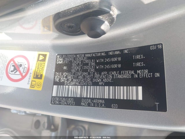 Aukcja sprzedaży 2018 Toyota Highlander Hybrid Xle, vin: 5TDJGRFH6JS045105, numer aukcji: 45553975