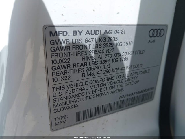 2021 Audi Q8 Prestige 55 Tfsi Quattro Tiptronic მანქანა იყიდება აუქციონზე, vin: WA1FVAF10MD035759, აუქციონის ნომერი: 45553977