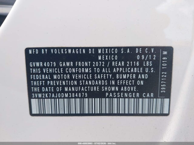 2013 Volkswagen Jetta 2.0l S მანქანა იყიდება აუქციონზე, vin: 3VW2K7AJ0DM384879, აუქციონის ნომერი: 45553993