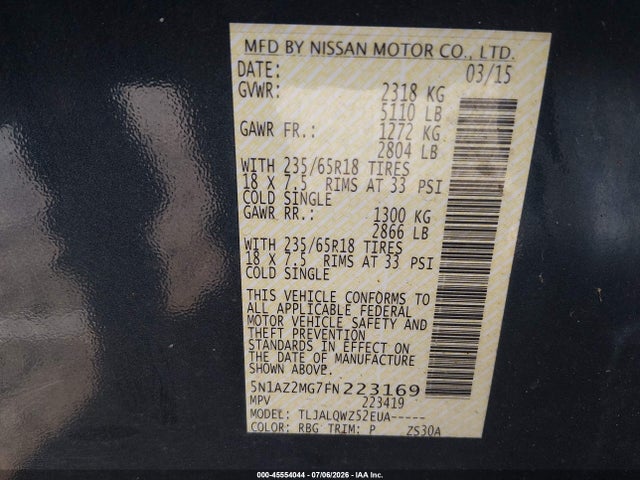 Auction sale of the 2015 Nissan Murano Sv, vin: 5N1AZ2MG7FN223169, lot number: 45554044