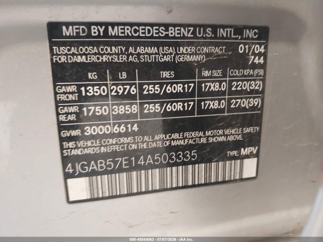45554062 :رقم المزاد ، 4JGAB57E14A503335 vin ، 2004 Mercedes-benz Ml 350 4matic مزاد بيع