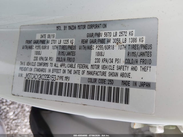 Продаж на аукціоні авто 2019 Mazda Cx-9 Touring, vin: JM3TCACY2K0335153, номер лоту: 45554068