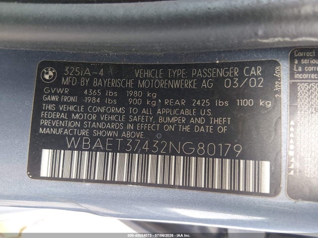 45554073 :رقم المزاد ، WBAET37432NG80179 vin ، 2002 Bmw 3 Series 325i مزاد بيع