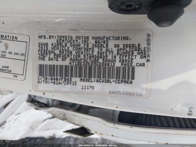 45554112 :رقم المزاد ، 4T1BE32K23U226012 vin ، 2003 Toyota Camry Le مزاد بيع