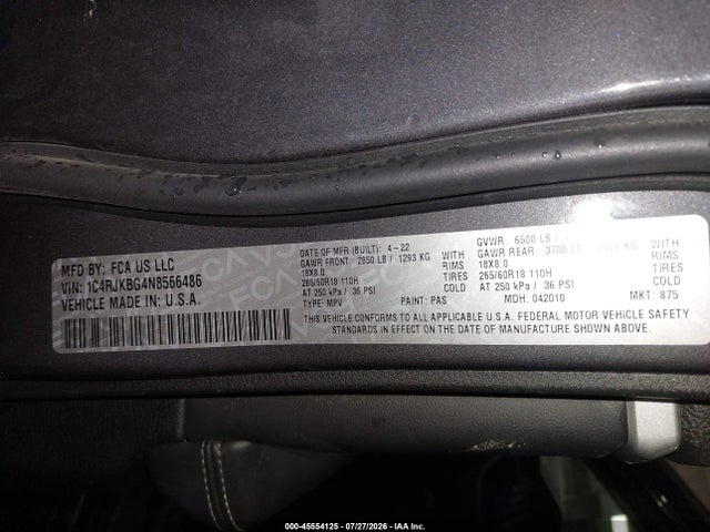 Aukcja sprzedaży 2022 Jeep Grand Cherokee L Limited 4x4, vin: 1C4RJKBG4N8566486, numer aukcji: 45554125