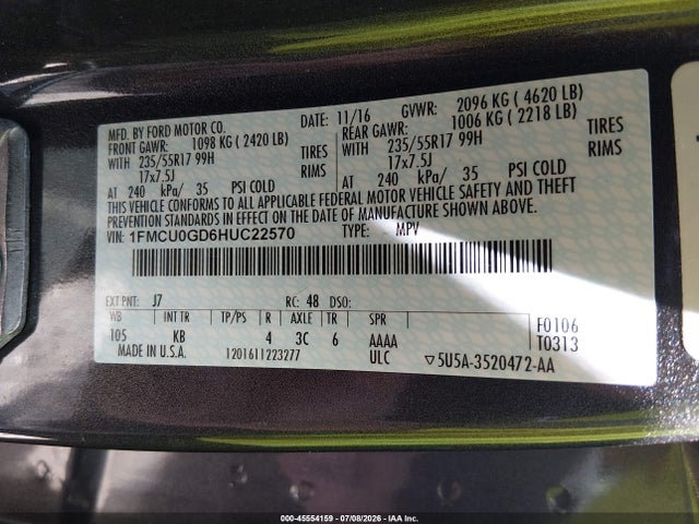 Aukcja sprzedaży 2017 Ford Escape Se, vin: 1FMCU0GD6HUC22570, numer aukcji: 45554159