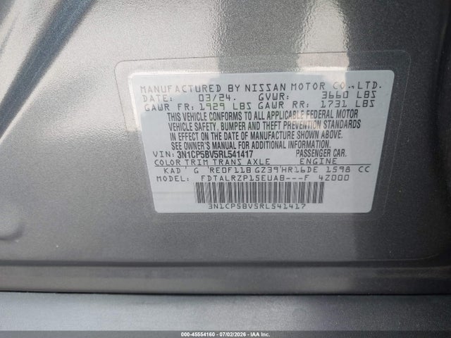 Aukcja sprzedaży 2024 Nissan Kicks S Xtronic Cvt, vin: 3N1CP5BV5RL541417, numer aukcji: 45554160