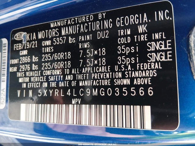 45554175 :رقم المزاد ، 5XYRL4LC9MG035566 vin ، 2021 Kia Sorento S مزاد بيع