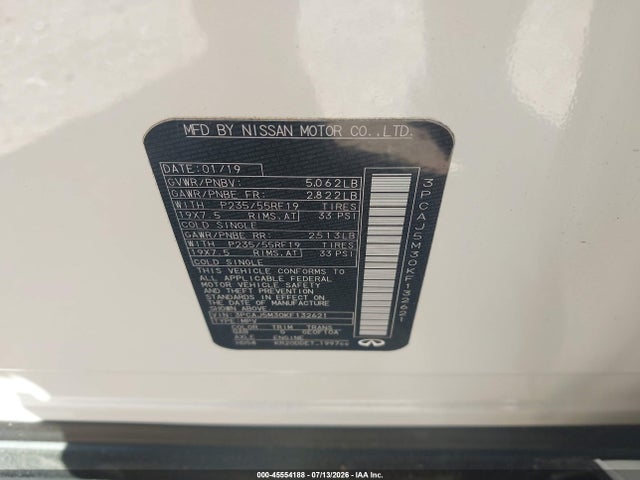 45554188 :رقم المزاد ، 3PCAJ5M30KF132621 vin ، 2019 Infiniti Qx50 Luxe مزاد بيع