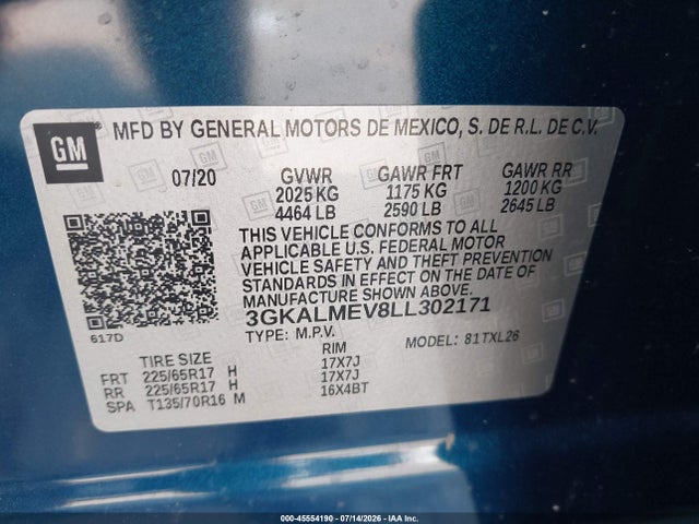 45554190 :رقم المزاد ، 3GKALMEV8LL302171 vin ، 2020 Gmc Terrain Fwd Sle مزاد بيع