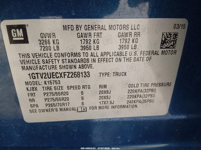 Продажа на аукционе авто 2015 Gmc Sierra 1500 Sle, vin: 1GTV2UECXFZ268133, номер лота: 45554191