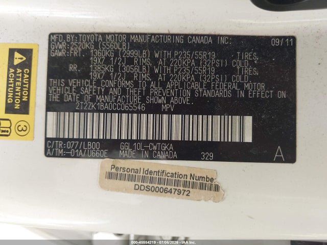 Aukcja sprzedaży 2012 Lexus Rx 350, vin: 2T2ZK1BA0CC065546, numer aukcji: 45554219