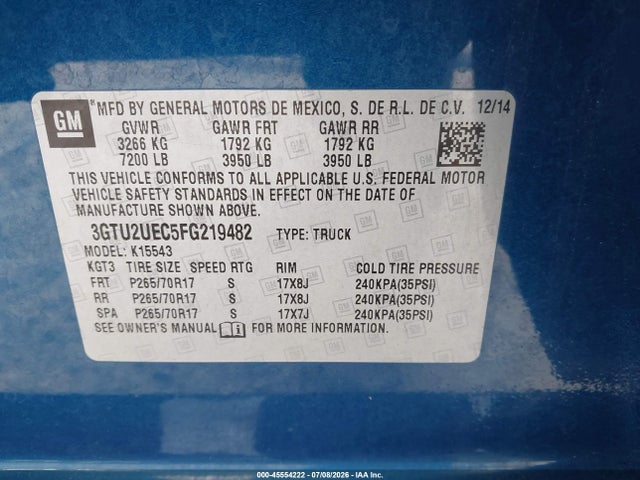 GMC Sierra 1500 Sle 2015 3GTU2UEC5FG219482 Image 9