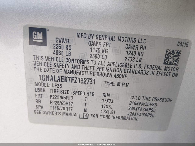 Chevrolet EQUINOX LS 2015 1GNALAEK7FZ132731 Image 9
