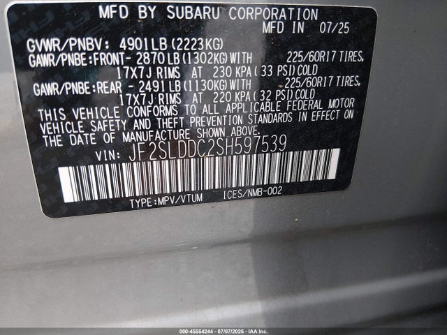 2025 Subaru Forester Premium მანქანა იყიდება აუქციონზე, vin: JF2SLDDC2SH597539, აუქციონის ნომერი: 45554244