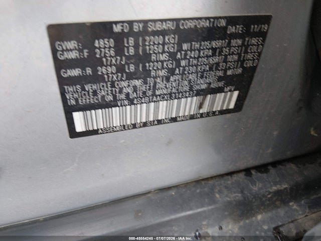 2020 Subaru Outback მანქანა იყიდება აუქციონზე, vin: 4S4BTAACXL3143437, აუქციონის ნომერი: 45554245
