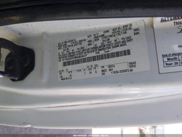 2011 Ford E-250 Commercial მანქანა იყიდება აუქციონზე, vin: 1FTNE2EW7BDB04237, აუქციონის ნომერი: 45554250