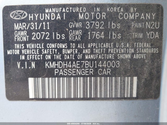 Aukcja sprzedaży 2011 Hyundai Elantra Gls (ulsan Plant), vin: KMHDH4AE7BU144003, numer aukcji: 45554268